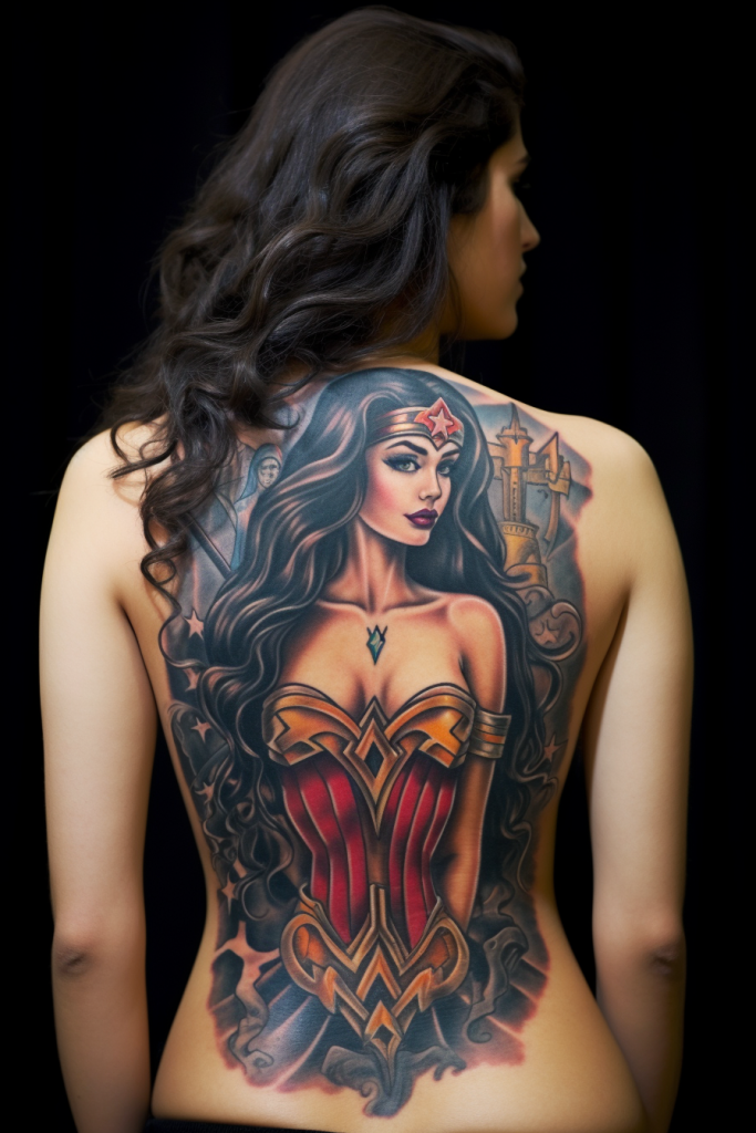 Full Back Tattoo of Wonder Woman in Costume