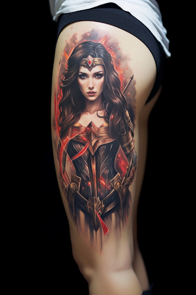 Black and Red Wonder Woman Costume Tattoo on the Leg