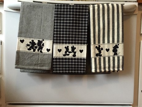 3 Disney themed tea towels with Mickey and Minnie silhouettes