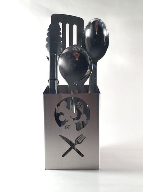 A silver utensil holder with a Chef Mickey silhouette