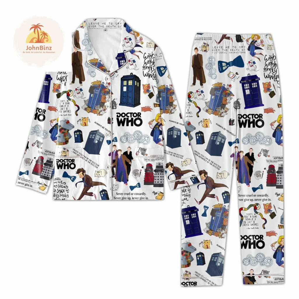 white pajama set with memorable icons from the Doctor Who series