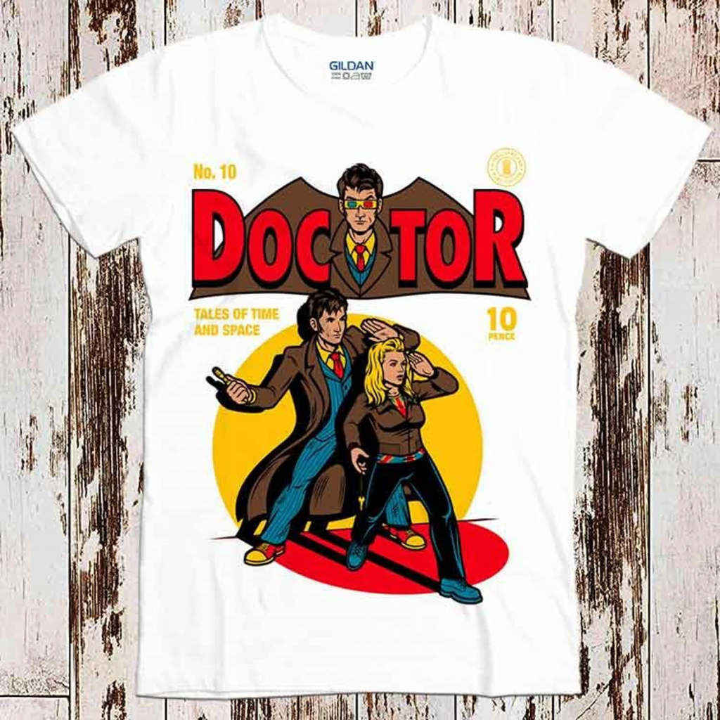 White pajama top with a comic style illustration of the tenth Doctor and his companion