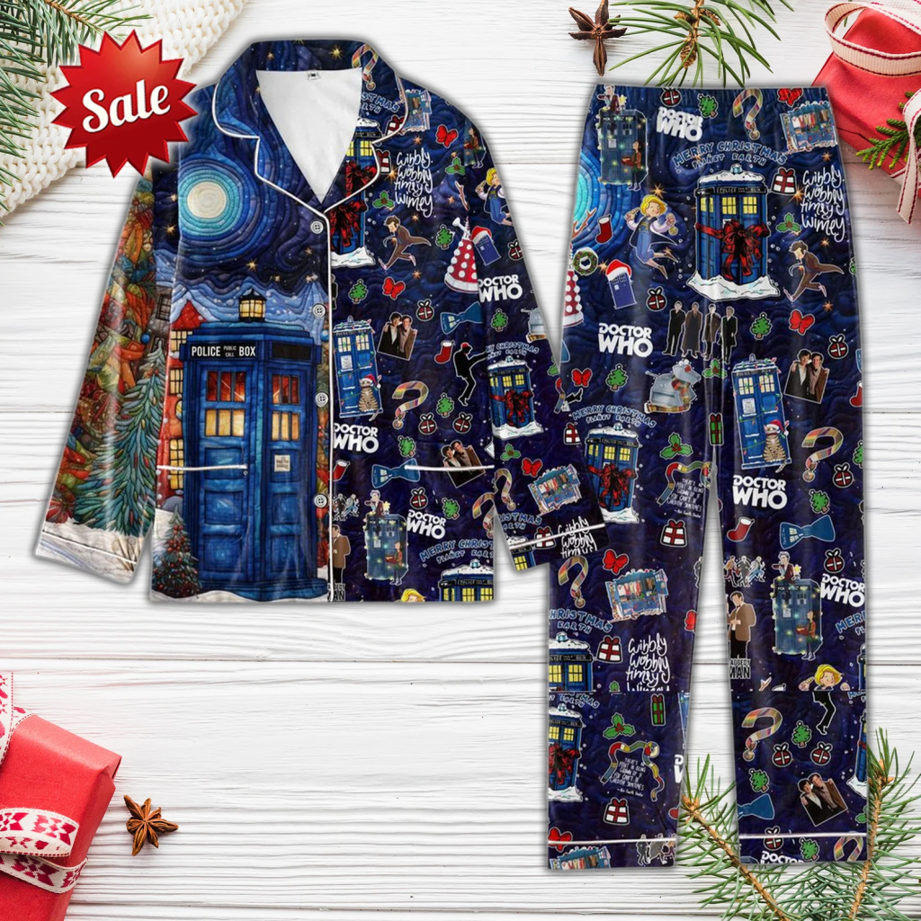 Dark blue pajama set with Christmas themed icons from the Doctor Who show